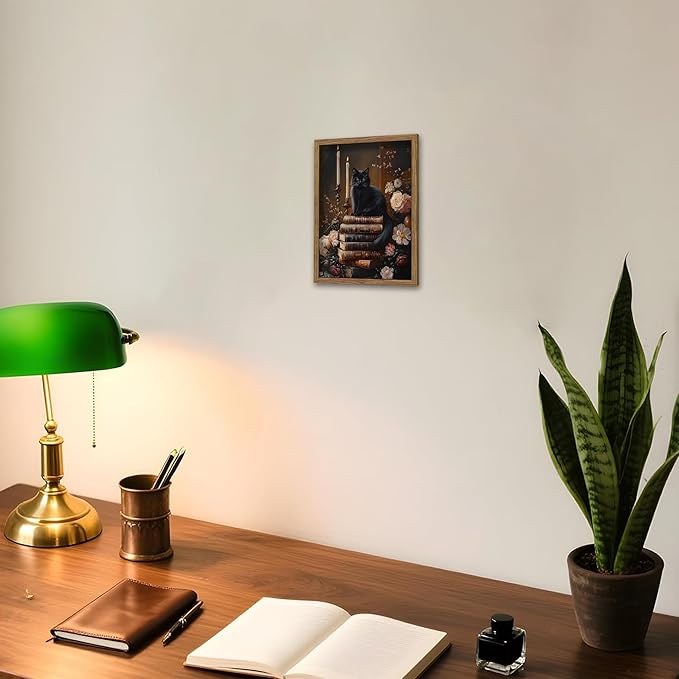 Vintage Dark Academia Framed Wall Art, Victorian Black Cat Floral Canvas Prints, Antique Book Wildflower Gothic Wall Decor for Living Room Gallery Library – Dark Wooden Frame 8x10in