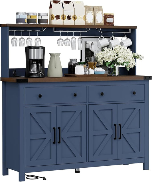 Hutch Storage Buffet Cabinet with Drawers, and Charging Station, Coffee Bar Cabinet with Barn Doors, Wine Rack and Hooks, Blue Wood Sideboard Buffet for Kitchen, Dining Room, 54.1" High