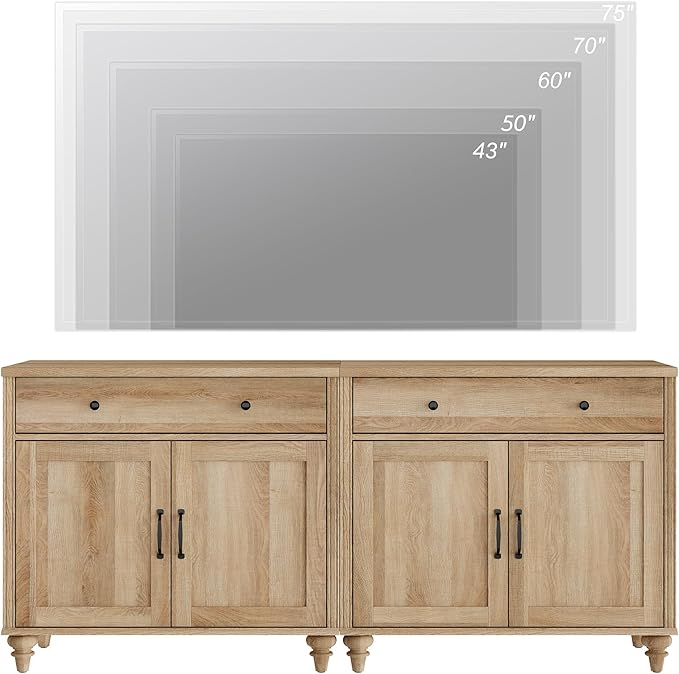 WAMPAT Farmhouse TV Stand for 75 inch TV with 4 Doors and 2 Drawers, Wood Universal TV Stand with Storage Cabinets, Oak Entertainment Center TV Console Table for Living Room, Bedroom