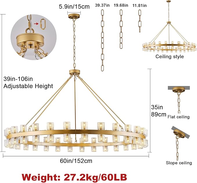 60 Inch Gold Wagon Wheel Chandelier with Crystal Shade, 60 Lights, Modern Farmhouse Style, Ideal for Dining Room, Kitchen, Entryways