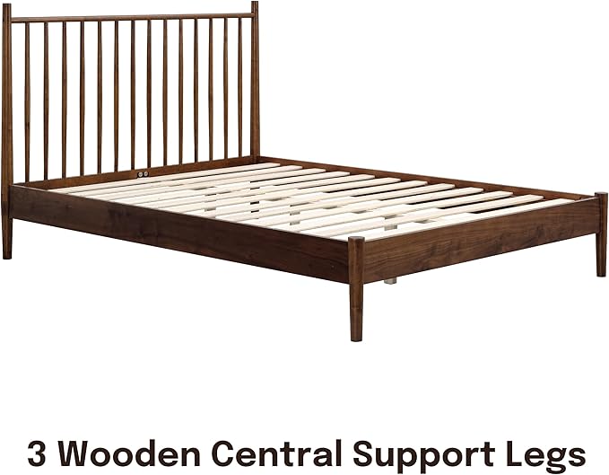 NTC Inno Wooden Bed Frame with Headboard, Solid Oak and Rubber Wood Foundation with Silent Slats and Wood Central Supports, 1000 Lb Capacity, Effortless Assembly, Queen - Dark Walnut
