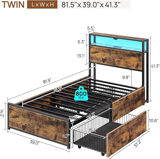 Rolanstar Twin Bed Frame with 4 Storage Drawers, Charging Station and LED Lights, Metal Platform Bed with 2-Tier Storage Headboard, No Box Spring Needed, Easy Assembly, Noise-Free, Rustic Brown