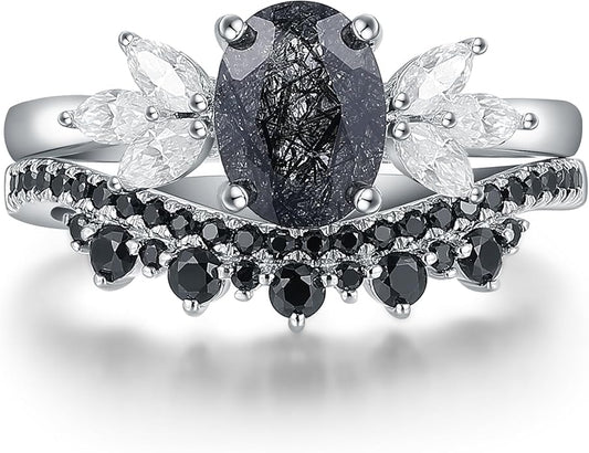 Oval Natural Black Rutilated Quartz Celtic Knot Bridal Wedding Ring Sets with Black Gold or Platinum Plated 925 Sterling Silver, Irish Gothic Engagement Rings and Spinel Trinity Annversary Band Size 4-9