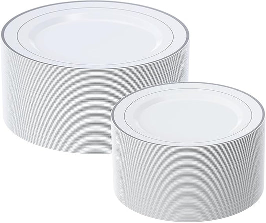 FOCUSLINE Silver Plastic Plates Set of 60, Disposable Plates with Silver Rim 30 Dinner Plates 10" and 30 Salad Dessert Appetizer Plate 7", Elegant Fancy Heavy Duty Wedding Party Plates