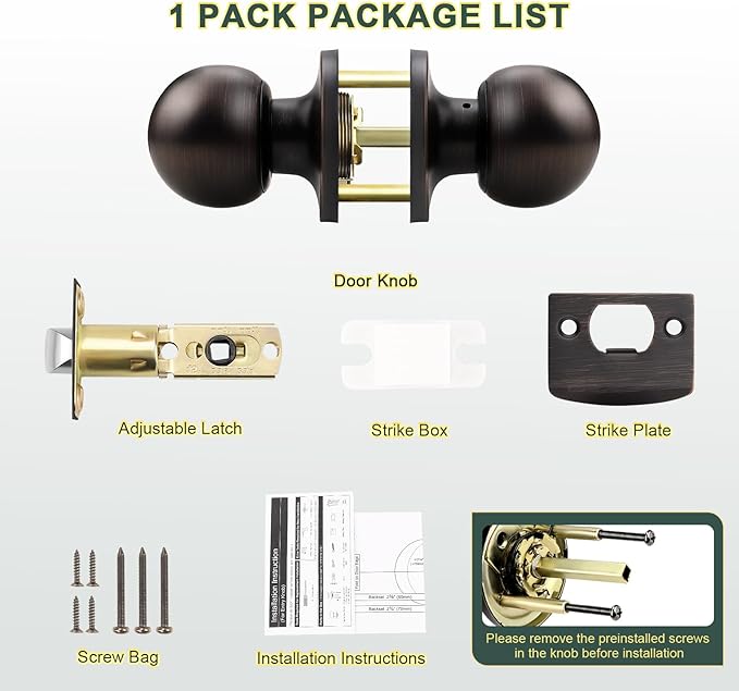 1 Pack Door Knobs Interior, Keyless Antique Door Knobs for Closet and Passage, Oil Rubbed Bronze Door Knob, Vintage Round Ball Design and Durable Finish