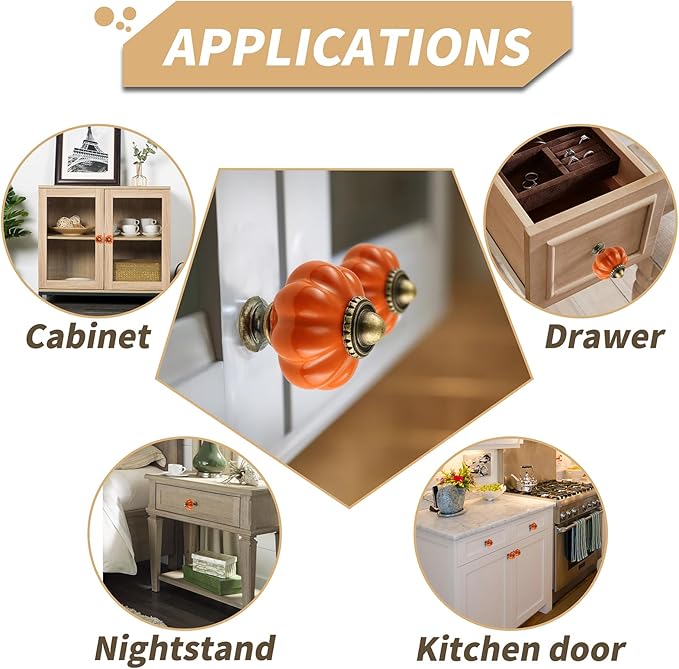 Orange Pumpkin Knobs 6 Pack Ceramic Cabinet Knobs Vintage Drawer Pulls - Antique Dresser Pulls with Screws for Closet Drawer Cupboard Cabinet and DIY Home Project