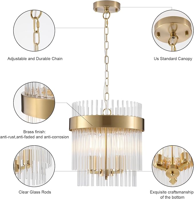 Dijiahua 3-Light Gold Pendant Lights Kitchen Island, 2-Tiers Crystal Pendant Light Fixtures Over Table, 12.6''Dia Brass Dining Room Glam Chandelier,Modern Adjustable Cord Hanging Lamp for Bedroom