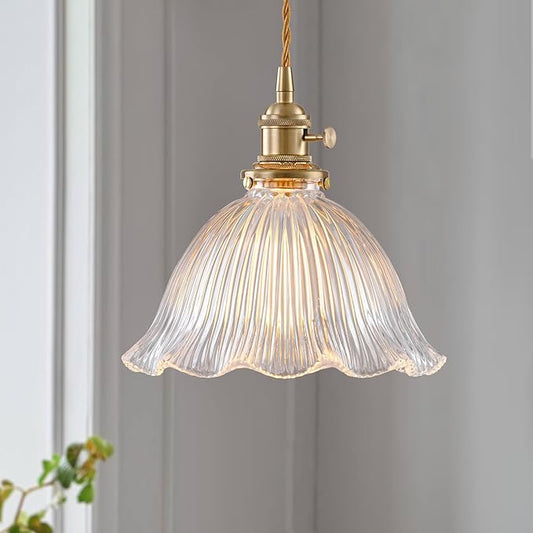 1-Light Vintage Pendant Light, Glass Shade with Brass Finish Island Light, Adjustable Height E26 Base Hanging Ceiling Light for Kitchen Island, Dining Room, Bedroom