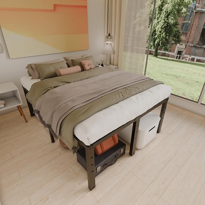 20 Inch California King Size Bed Frame, No Box Spring Needed, Heavy Duty Black Metal Platform Mattress Foundation with Steel Slats, Non-Slip Noise Free Easy Assembly, Large Storage