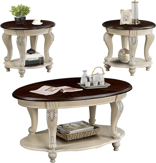 LKTART Oval Coffee Tables Set of 3, Vintage Wood Coffee Table with Carved Wood Legs, Antique Living Room Table Set(Beige and Espresso Top)