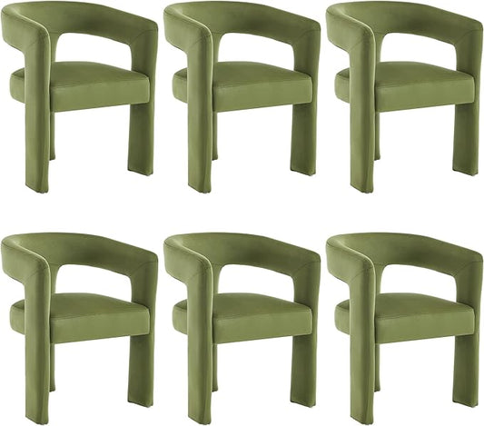 Modern Barrel Dining Chairs Set of 6, No Assembly Velvet Upholstered Dining Room Chairs with Open Back and 3 Legs, Comfy Accent Armchairs for Living Room/Bedroom/Kitchen/Reading, Green