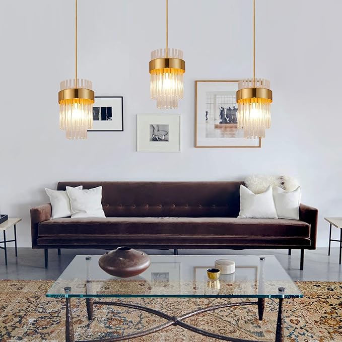 Dijiahua Pendant Lights Kitchen Island Gold 3 Pack,Crystal Pendant Light Fixtures Over Table, Mini Brass Dining Room 1-Light Chandelier,Modern Adjustable Cord Hanging Lamp for Bedroom,Sink
