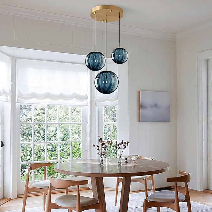3-Light Cluster Pendant Lighting Blue Glass Chandelier Pendant Light Kitchen Island Mid Century Modern Globe Chandelier Vintage Ceiling Hanging Light Fixture