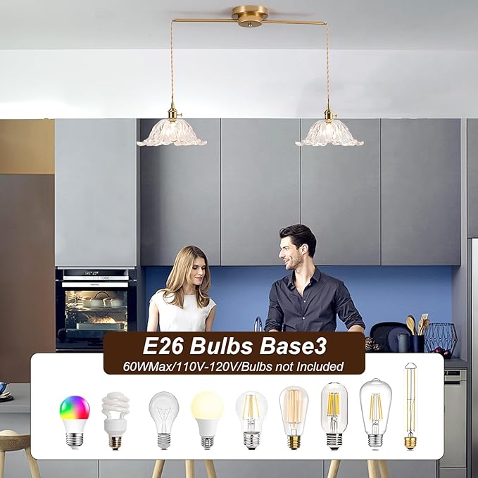 2-Lights Brass Vintage Pendant Light Fixtures, Modern Chandelier Pendant Light with Clear Flower Glass Lmapshade, Adjustable Hanging Lights for Kitchen Island Dining Room Hallway, E26 (Clear)