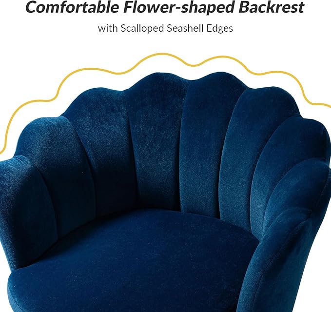 HULALA HOME Modern Velvet Accent Chairs Set of 2 with Shell Shaped Back, Cute Living Room Bedroom Armchairs with Gold Legs, Comfy Upholstered Vanity Chairs for Makeup Room, Navy