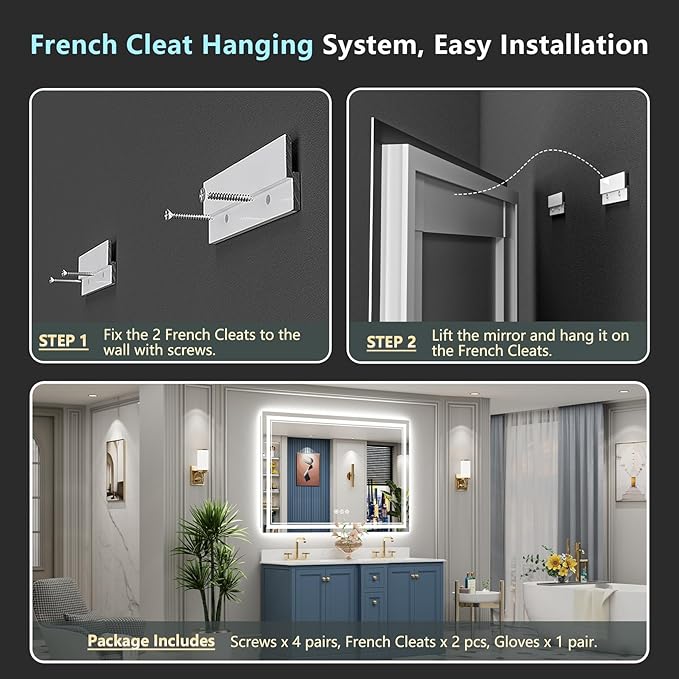 60x30 LED Bathroom Mirror with Lights, Backlit and Front Lit Anti-Fog Lighted Vanity Mirror for Bathroom Wall, 3 Colors, Stepless Dimmable, Memory, Shatter-Proof, HD Tempered Glass, ETL Listed