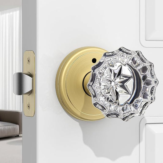 1 Pack Crystal Door Knob, Rosette Shaped Glass Door Knobs Interior with Lock, Satin Brass Door Knobs Interior Glass