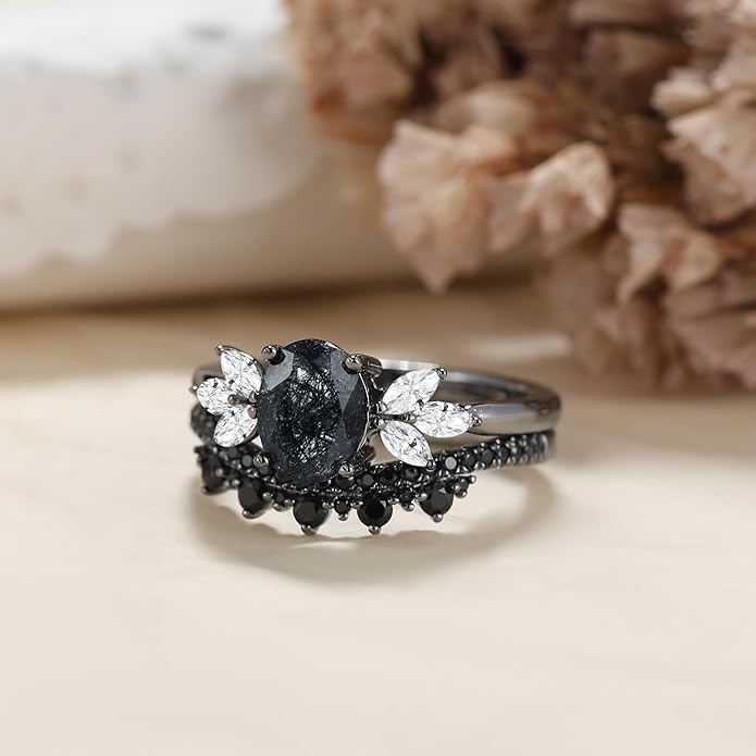 Oval Natural Black Rutilated Quartz Celtic Knot Bridal Wedding Ring Sets with Black Gold or Platinum Plated 925 Sterling Silver, Irish Gothic Engagement Rings and Spinel Trinity Annversary Band Size 4-9