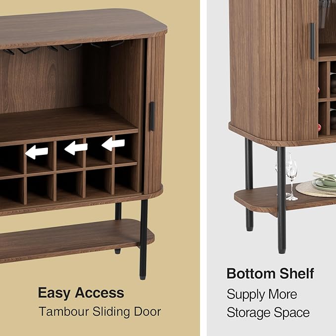 Coffee Bar Cabinet with Storage, Fluted Wine Cabinet with Sliding Doors, Glass Holder and Wine Rack, Buffet Sideboard Liquor Cabinet for Kitchen, Dining Room, Living Room, Walnut