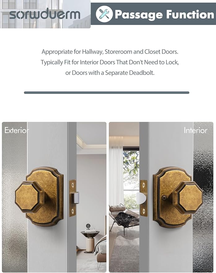 1 Pack Antique Brass Door Knob Passage Door Knobs Interior Door Knob for Hall and Closet,Zinc Alloy