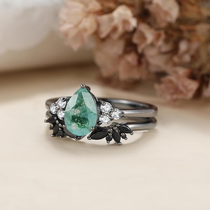 Black Gold Plated Natural Moss Agate Bridal Wedding Ring Sets for Women, 925 Sterling Silver Gothic Vintage Promise Rings and Eternity Black Spinel Band for Her - Boho Art Deco Platinum Plated Engagement Rings Size 4-9