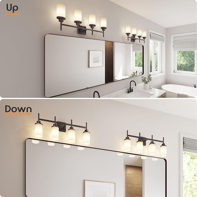 Bathroom Light Fixtures 4-Light Bathrom Vanity Lightings with White Frosted Glass Shade, Oil Rubbed Bronze Wall Lamps Over Mirror T001ORB-L4