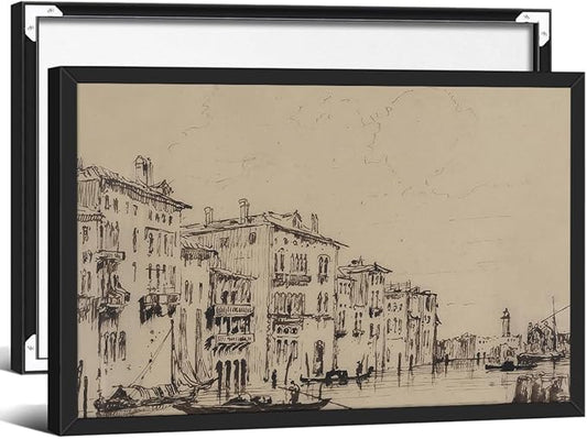 European City Architectural Drawing Poster Vintage Sketch Aesthetic Wall Art Antique Minimalist Canvas Painting 24X36 inch Black Framed for Traditional Home Gallery Wall Decor