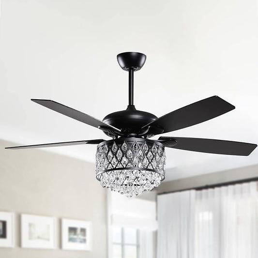 Parrot Uncle Ceiling Fans with Lights and Remote, 52 Inch Black Chandelier Ceiling Fan with Light for Bedroom, Modern Crystal Lighting Ceiling Fans with 5 Blades Reversible Airflow, 3 Speeds, ETL