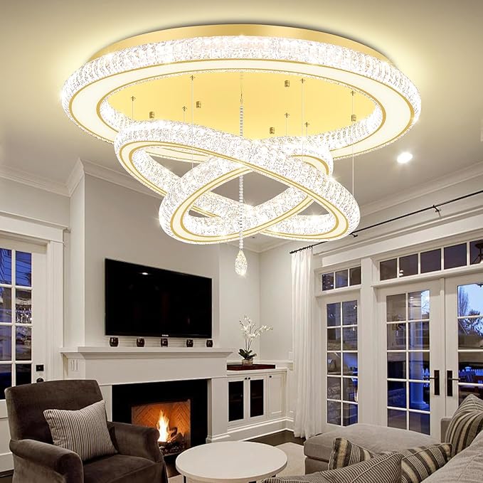 Glam Crystal Ring Chandelier for Living Room 40in Modern Led Gold Flush Mount Chandelier with K9 Crystal Raindrop