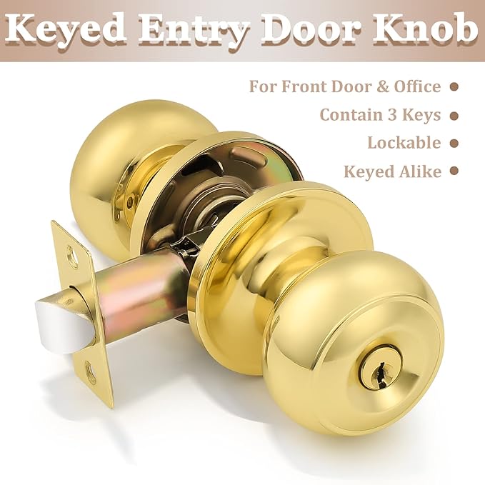 Probrico Entrance Door Knobs Door Lock Keyed Alike Lockset Polished Brass Same Key Round Ball Entry Door Knobs Pack of 5