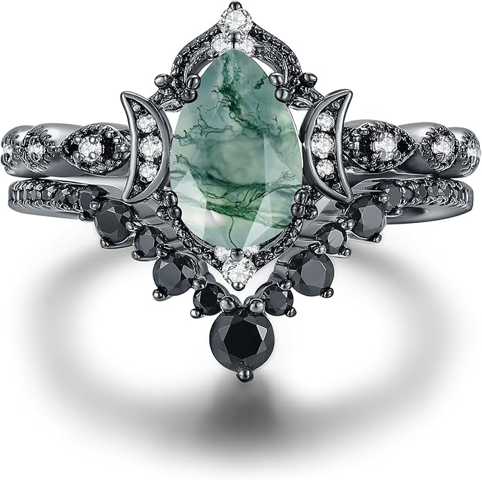 Black Gold Plated Natural Moss Agate Bridal Wedding Ring Sets for Women, 925 Sterling Silver Gothic Vintage Promise Rings and Eternity Black Spinel Band for Her - Boho Art Deco Platinum Plated Engagement Rings Size 4-9