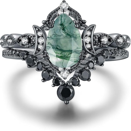 Black Gold Plated Natural Moss Agate Bridal Wedding Ring Sets for Women, 925 Sterling Silver Gothic Vintage Promise Rings and Eternity Black Spinel Band for Her - Boho Art Deco Platinum Plated Engagement Rings Size 4-9