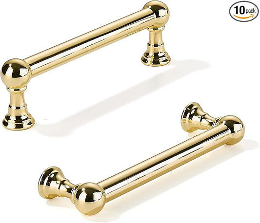 khtumeware 10 Pack 3-1/2 Inch Hole Center Polished Brass Cabinet Pulls Heavy Duty Solid Polished Gold Cabinet Handles cabinets Dressers Kitchens Handles Bathroom cabinets