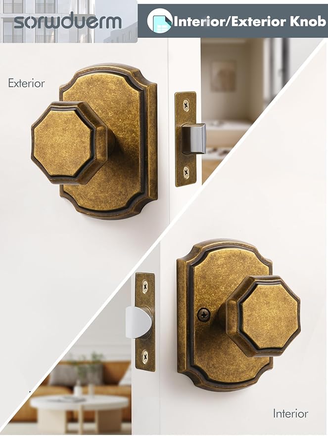 1 Pack Antique Brass Door Knob Passage Door Knobs Interior Door Knob for Hall and Closet,Zinc Alloy