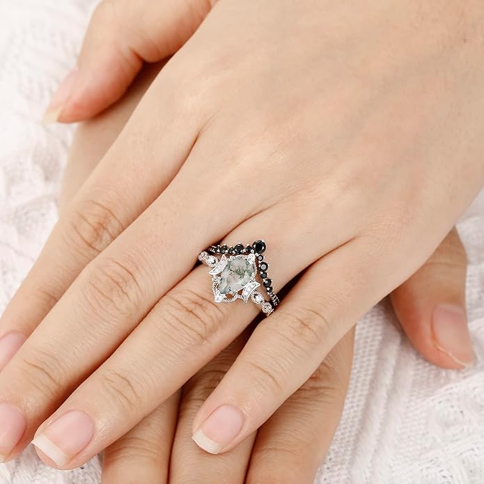 Black Gold Plated Natural Moss Agate Bridal Wedding Ring Sets for Women, 925 Sterling Silver Gothic Vintage Promise Rings and Eternity Black Spinel Band for Her - Boho Art Deco Platinum Plated Engagement Rings Size 4-9