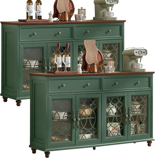 Large Sideboard Buffet Cabinet Set of 2 with Storage,59" Credenza with 4 Glass Doors & 2 Drawers,Adjustable Shelves Coffee Bar,Wood Kitchen Console Table for Dining Room,Green