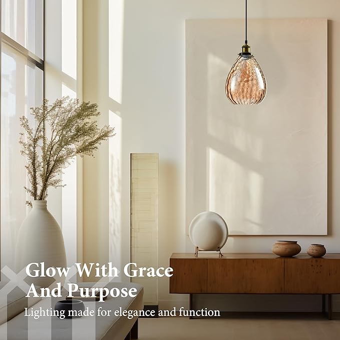 Modern Glass Pendant Light, 8"x9.6" Amber Ribbed Hanging Light Fixture with Gold Cap, 15"-72" Adjustable Cord, E26 Socket for Kitchen or Entryway – Sunrise Glow Teardrop