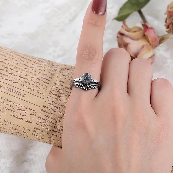 Oval Natural Black Rutilated Quartz Celtic Knot Bridal Wedding Ring Sets with Black Gold or Platinum Plated 925 Sterling Silver, Irish Gothic Engagement Rings and Spinel Trinity Annversary Band Size 4-9