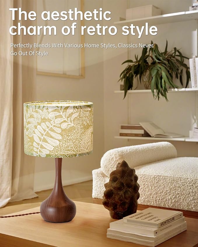Bedside Nightstand Table Lamp for Bedroom, Vintage Boho Farmhouse Decorative Table Lamp for Living Room with Green Fabric Shade Red Wood Pattern, Desk Lamp for Home Office