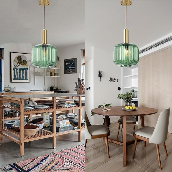 Mint Green Pendant Light 1-Light Hand Blown Glass Pendant Lamps Gold Adjustable Hanging Light Fixtures Vintage Style Small Chandelier for Kitchen Island Bedroom Dining Room