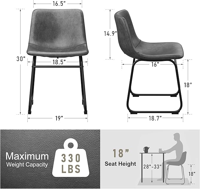 Dining Chairs Set of 8, PU Leather Armless Dinner Chairs with Backrest, 18" Modern Kitchen Dining Room Chair with Metal Legs for Home (Grey)