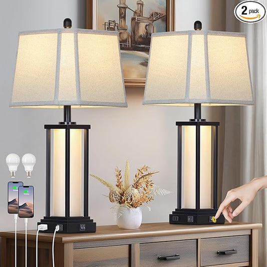 27" Tall Vintage Table Lamp Set of 2 with USB C+A & Outlet,Black Industrial End Table Lamp for Living Room,Farmhouse Rustic Bedside Lamps with Bell Lampshades for Bedroom Nightstand,Black