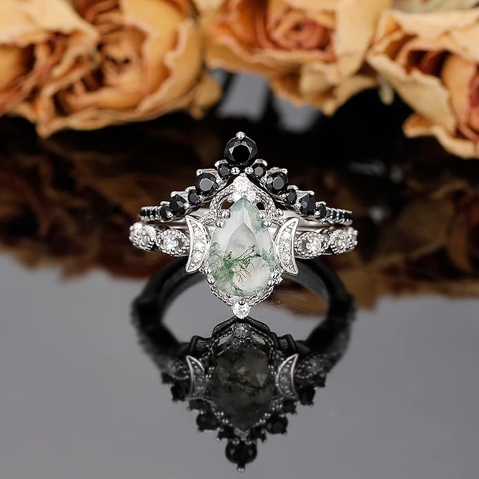 Black Gold Plated Natural Moss Agate Bridal Wedding Ring Sets for Women, 925 Sterling Silver Gothic Vintage Promise Rings and Eternity Black Spinel Band for Her - Boho Art Deco Platinum Plated Engagement Rings Size 4-9