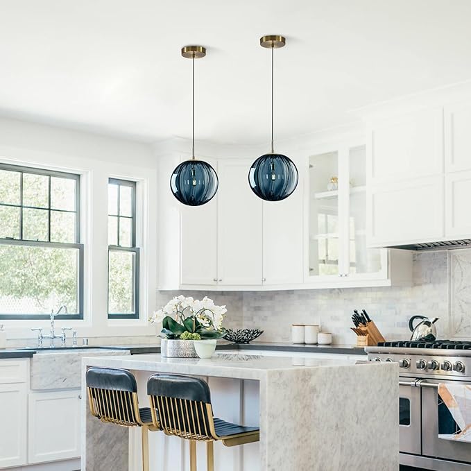 1-Light Vintage Glass Pendant Lights Kitchen Island Modern Large Blue Globe Pendant Light Fixture Brushed Gold Pendant Light Mid Century Hanging Ceiling Light Industrial Pendant Lighting