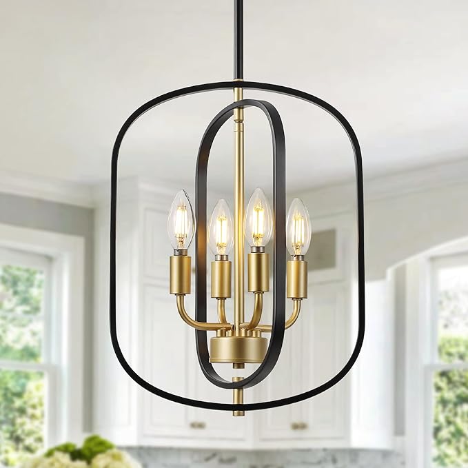 Small Black and Gold Chandelier for Foyer, 4-Light Geometric Metal Entryway Light Fixture Hanging, Modern Farmhouse Pendant Lighting for Kitchen Island Breakfast Nook Bedroom Stairway Office