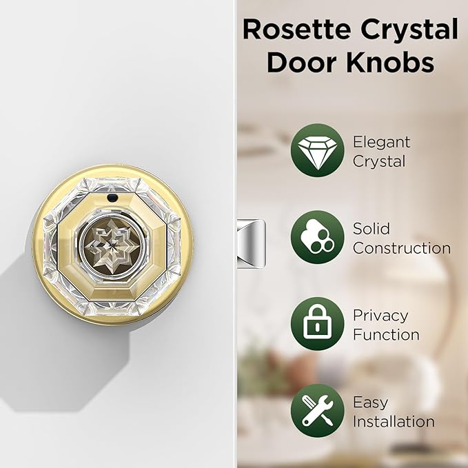 1 Pack Crystal Door Knob, Octagon Shaped Glass Door Knobs Interior with Lock, Satin Brass Door Knobs Interior Glass