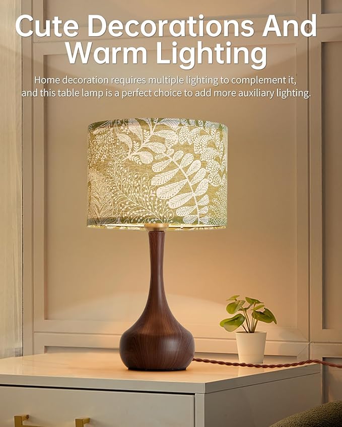 Bedside Nightstand Table Lamp Set of 2 for Bedroom, Vintage Boho Farmhouse Decorative Table Lamp for Living Room with Green Fabric Shade Red Wood Pattern, Desk Lamp for Home Office