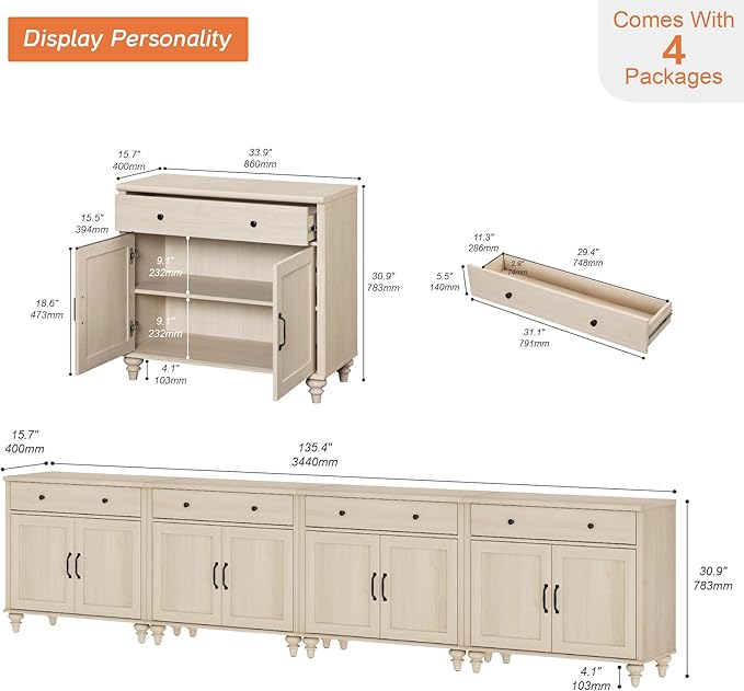 WAMPAT Farmhouse TV Stand for 85 inch TV with 8 Doors and 4 Drawers, Wood Universal TV Stand with Large Storage Cabinets, Beige Entertainment Center TV Console Table for Living Room, Bedroom