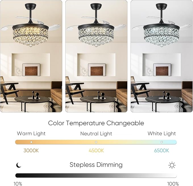 Crystal Fandelier Ceiling Fan with Light, 42" Retractable Ceiling Fans Chandelier Fan with Retractable Blades LED Dimmable Crystal Ceiling Fan Chandelier Fans for Bedroom Living Room etc-Black
