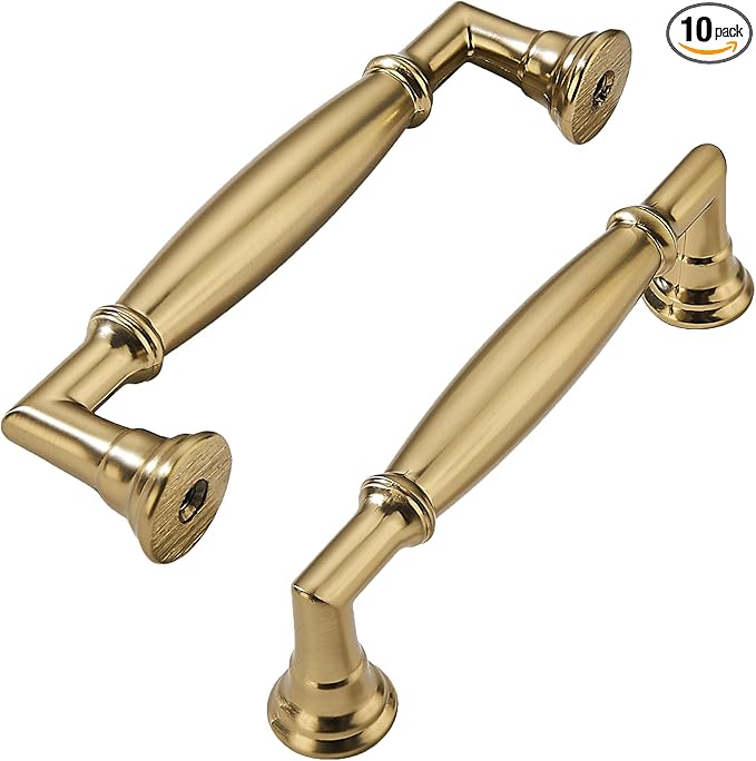 khtumeware 10 Pack 3-3/4 Inch(96mm) Brushed Brass Cabinet Pulls Heavy Duty Solid Warm Brass Cabinet Handles Kitchen Brushed Gold Cabinet Hardware for Cupboard Drawer Handles